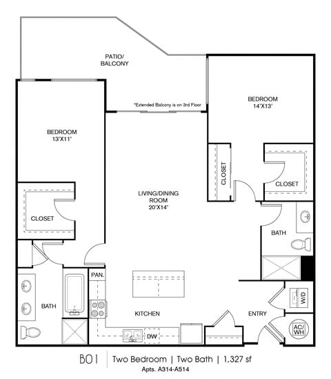 Floor plan for 2 beds, 2 baths, 1327 sqft